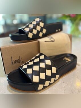 beek Pelican Leather Black and Cream Checkered Slide Sandals